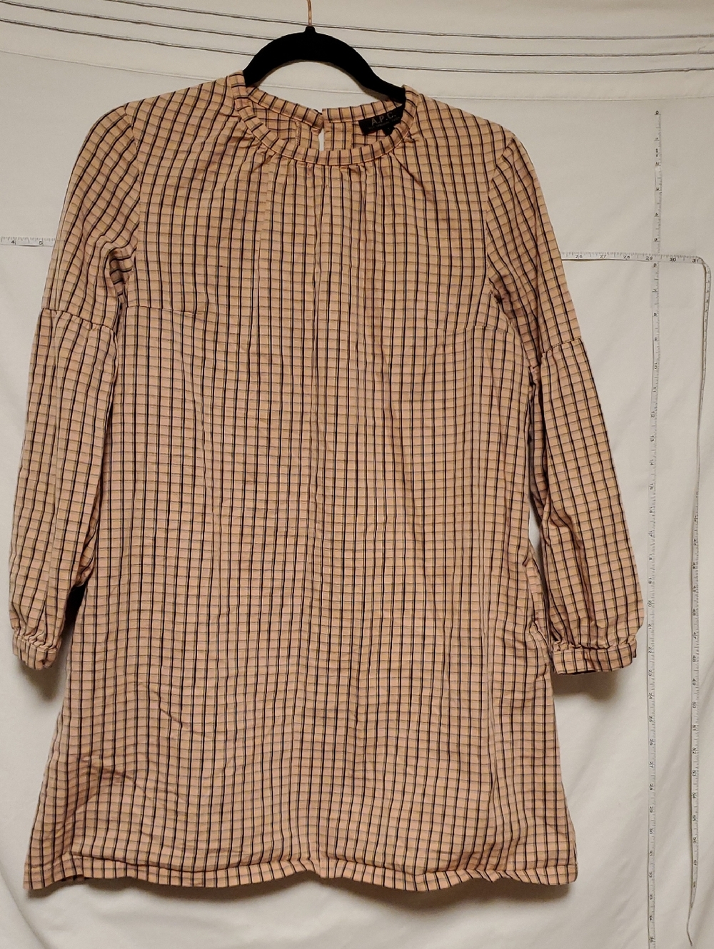A.P.C. Cotton Peach Black Checked Tunic Dress Bell Sleeves